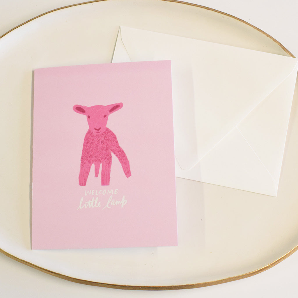 Welcome Little Lamb Single Card Pink - TheMississippiGiftCompany.com